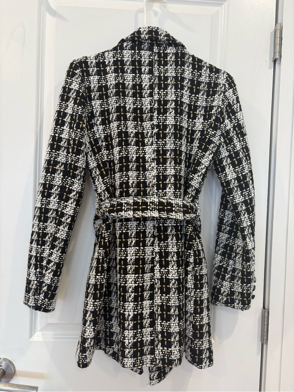 Women’s Black & White Tweed Belted Coat - Picture 2 of 4